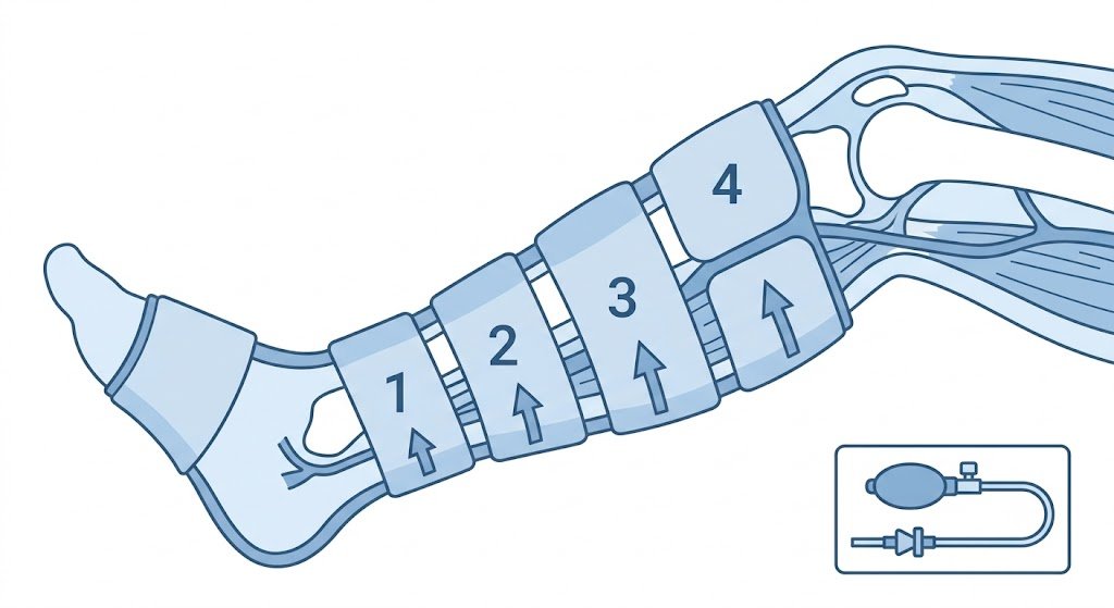 Diagram illustrating limb compression chamber zones for air compression therapy